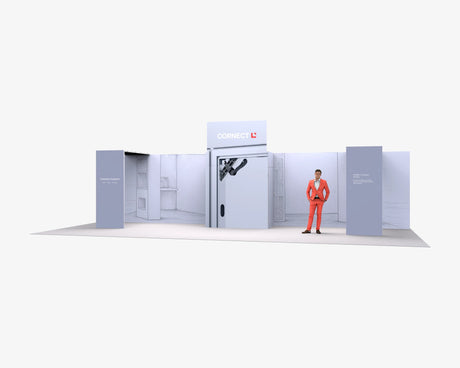 CORNECT Messepaket XL: Messestand 10 × 2 m – Aufbauvariante 6 mit Stoffbespannung