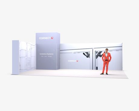 CORNECT Messepaket XL: Messestand 8 × 5 m – Aufbauvariante 7 mit Stoffbespannung