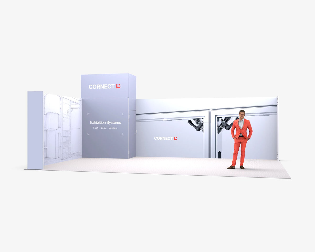 CORNECT Messepaket XL: Messestand 8 × 5 m – Aufbauvariante 7 mit Stoffbespannung