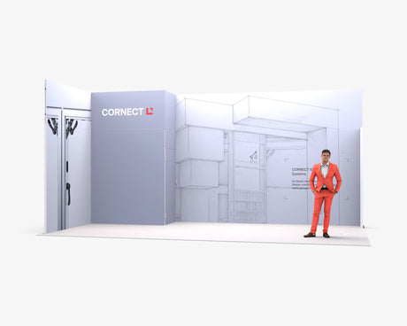 CORNECT Messepaket XL: Messestand 7 × 3,5 m – Aufbauvariante 8 mit Stoffbespannung