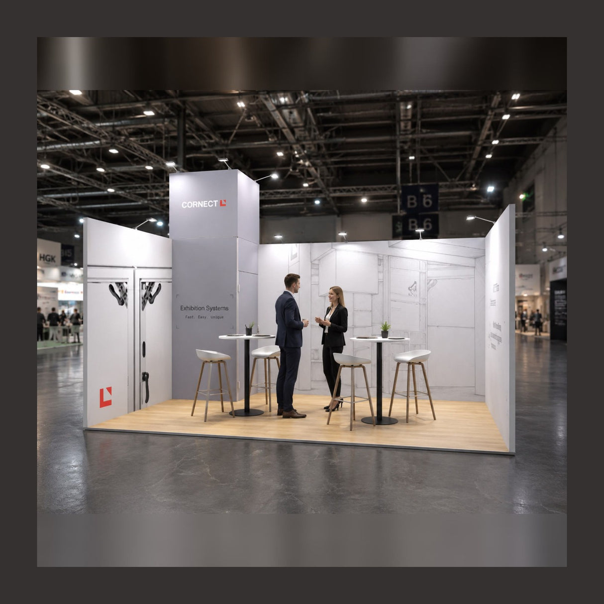 CORNECT Messepaket L mit bedruckter Stoffbespannung auf der Messe