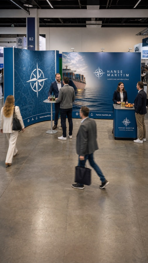 Messestand mit bedruckter Textil-Rückwand und Theke