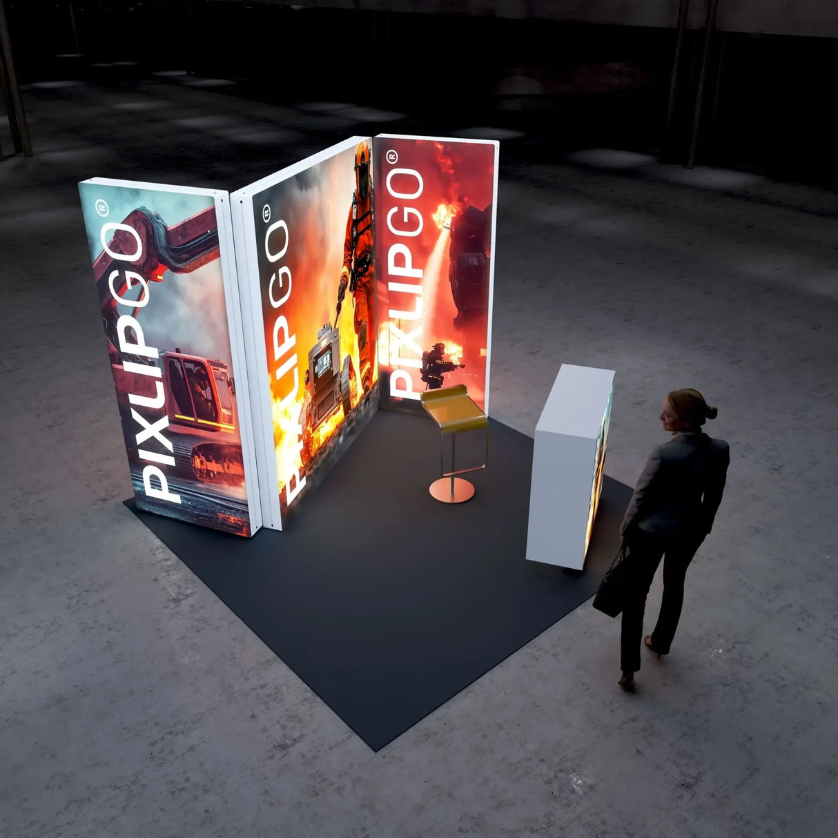 pixlip go messestand s-09 mit led messetheke hinterleuchtet