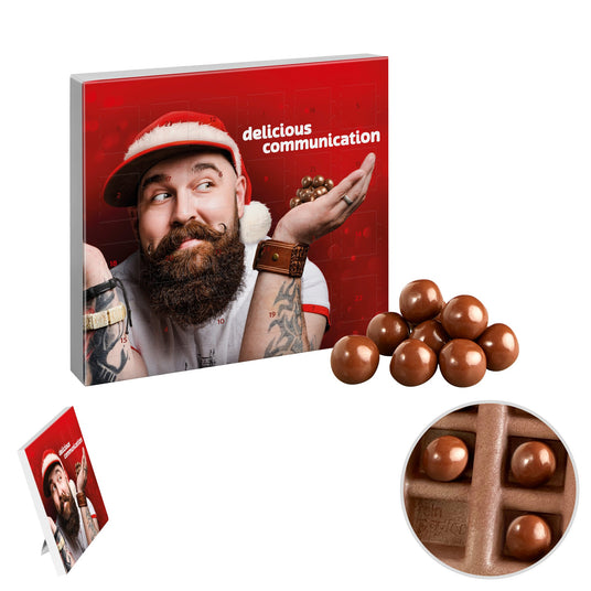 Mini-Adventskalender mit Logo – Schokoknusperkugeln, reinpapier®
