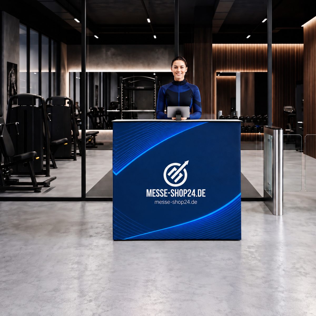 Soft Expo Fusion Counter Textiltheke mit Messe-Shop24-Branding – im Einsatz