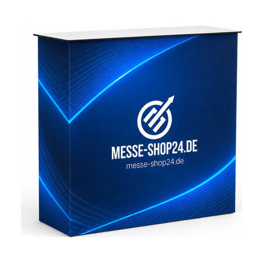 Soft Expo Fusion Counter Textiltheke mit Messe-Shop24-Branding – freigestellt