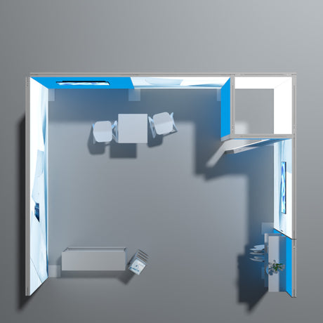 Messestand hinterleuchtet 5x4m mit Kabine – Detailansicht